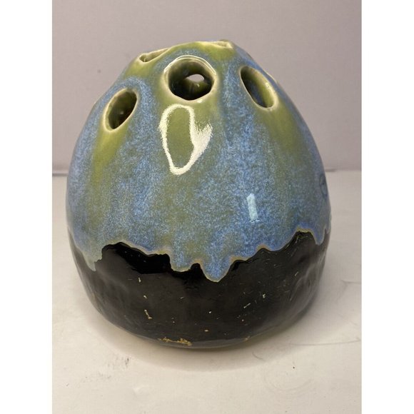 Handmade Art Pottery Drip Glaze Flower Frog Bud Vase Artist Signed Primitive - Picture 4 of 10